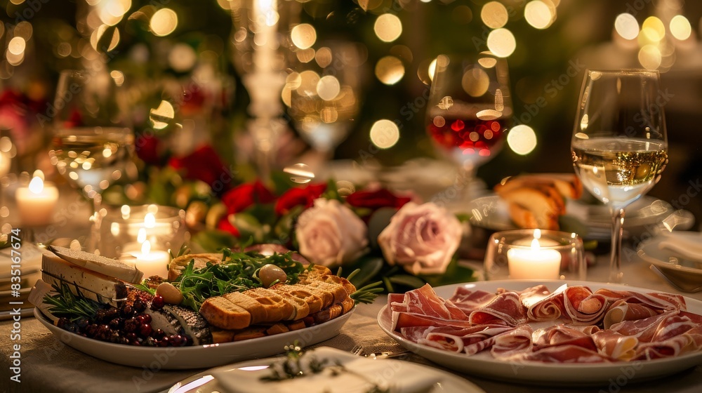 Naklejka premium 56. Elegant table setting with gourmet appetizers, sophisticated ambiance, and candlelit dining experience