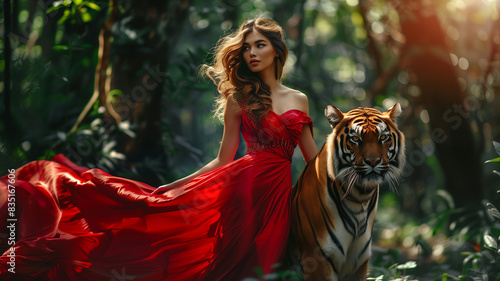 Elegant woman in a flowing red gown standing confidently next to a majestic tiger in a lush jungle setting
