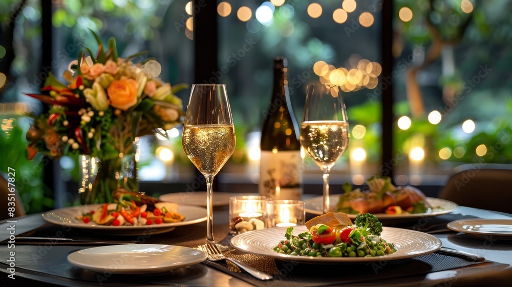 Naklejka premium 56. Elegant table setting with gourmet appetizers, sophisticated ambiance, and candlelit dining experience