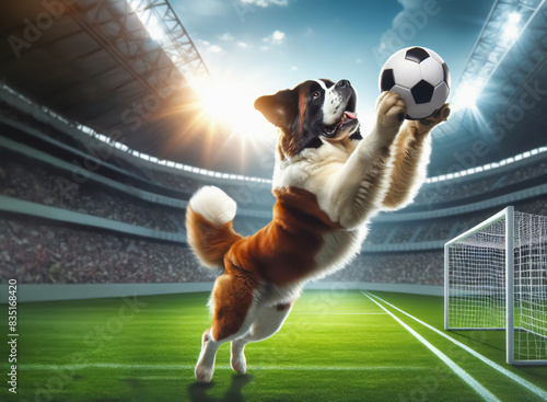 Ein Hund springt hoch um einen Ball zu fangen, in einem Stadion photo