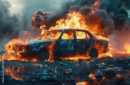 Burning Car in Flames with Dark Smoke and Dramatic Sky in Apocalyptic Scene