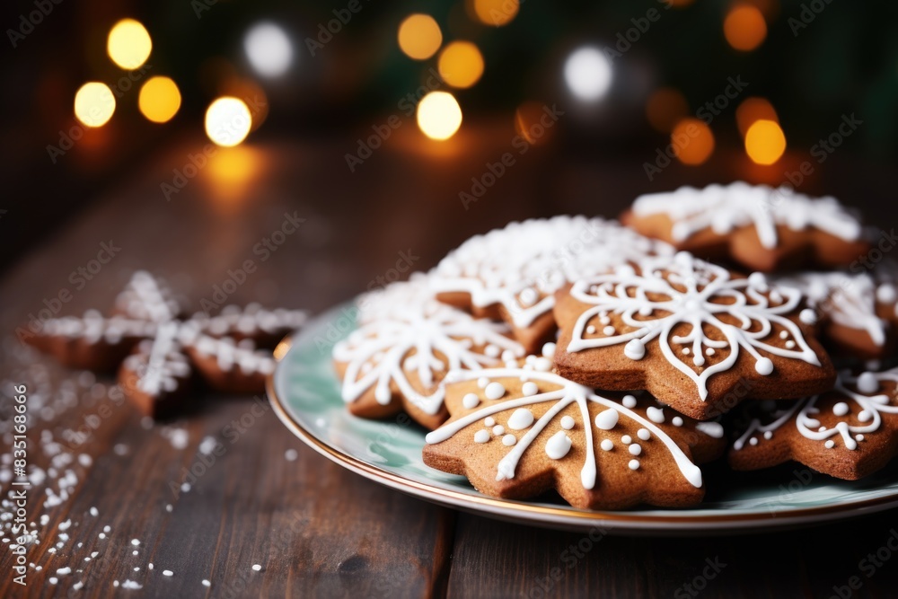 Festive Gingerbread Cookies with Icing on Plate with Warm Holiday Lights Background Festive Gingerbread Cookies with Icing on Plate with Warm Holiday Lights Background