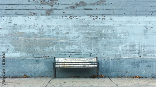 Urban Solitude: An Empty Bench Against a Worn Blue Wall