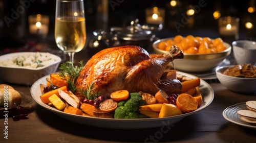 Holiday Feast with Roasted Turkey and Vegetables, Candlelit Dinner Setting photo
