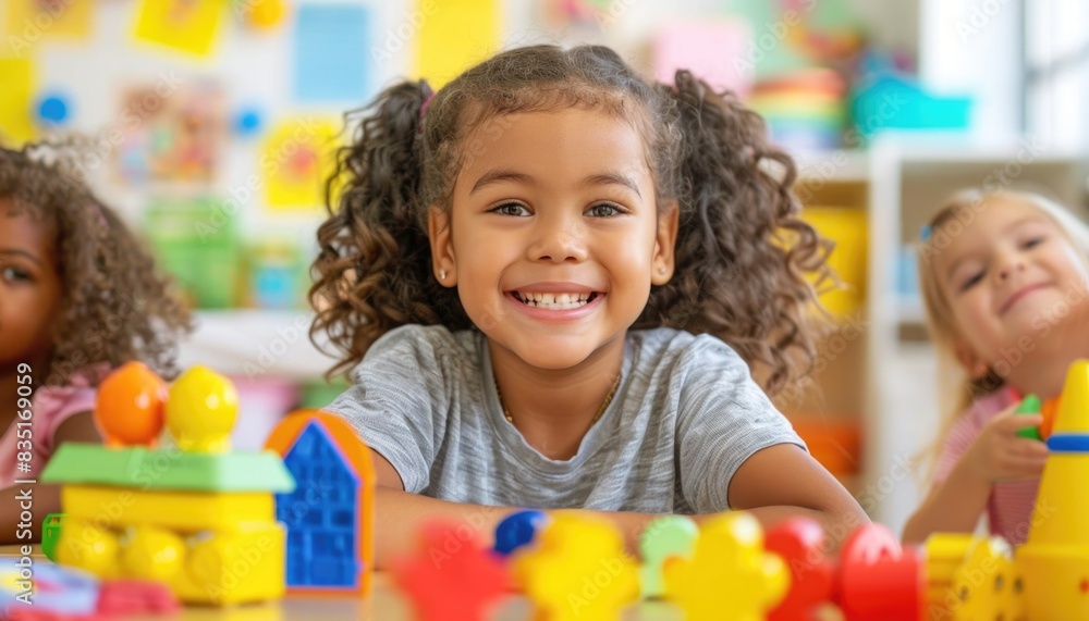 Smiling Children Playing with Colorful Toys in Bright Classroom Setting Smiling Children Playing with Colorful Toys in Bright Classroom Setting