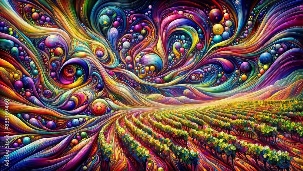 Surreal landscape with swirling colors and shapes transitioning into a realistic sunlit vineyard, creating a dreamlike digital artwork.