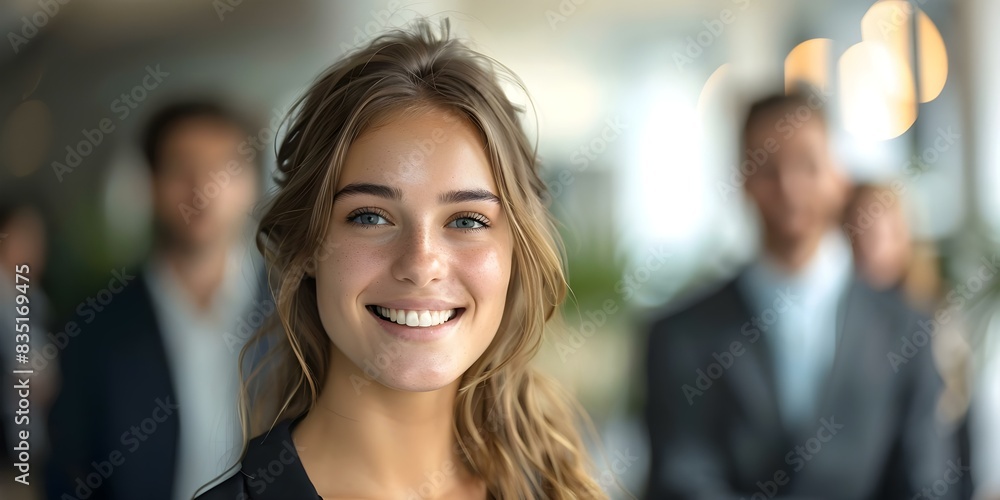 Portrait of a young office woman smiling with suited colleagues in the background. Concept Professional Portraits, Indoor Photoshoot, Teamwork, Business Attire, Group Portrait Portrait of a young office woman smiling with suited colleagues in the background. Concept Professional Portraits, Indoor Photoshoot, Teamwork, Business Attire, Group Portrait
