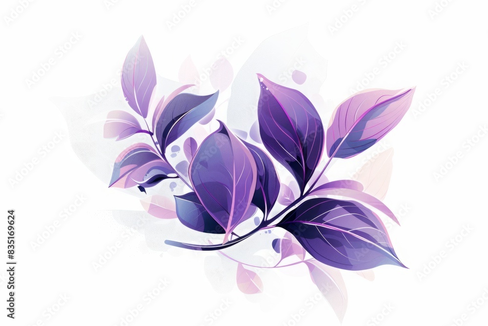 Сamphor. Abstract illustration of a branch with purple, pink, and blue leaves on a white background. Ayurvedic herbs, Ayurveda, Generative AI Сamphor. Abstract illustration of a branch with purple, pink, and blue leaves on a white background. Ayurvedic herbs, Ayurveda, Generative AI