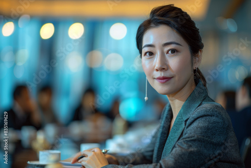 Chinese businesswoman in the boardroom with blurred background.