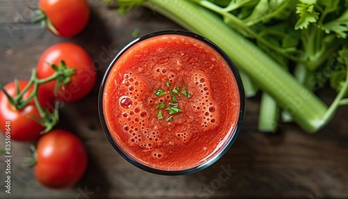 Design a flat lay of a glass of chilled tomato juice with celery