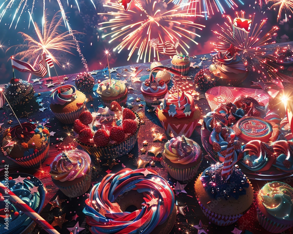 A celebratory spread of red, white, and blue cupcakes with fireworks exploding in the background. A celebratory spread of red, white, and blue cupcakes with fireworks exploding in the background.