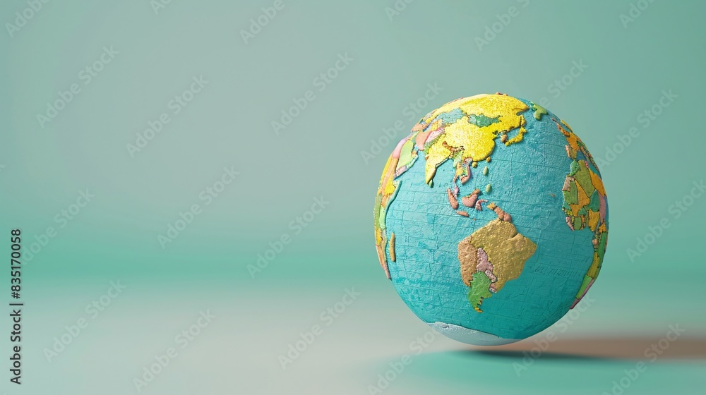 Colorful globe with detailed map of continents on a mint green background, representing global connectivity and world geography. 3D Illustration. Colorful globe with detailed map of continents on a mint green background, representing global connectivity and world geography. 3D Illustration.