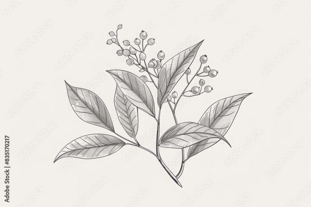 Botanical illustration of a branch with leaves and small berries. Detailed black and white line drawing. Nature concept for design and print. Сamphor Ayurveda. ayurvedic herbs. Generative AI Botanical illustration of a branch with leaves and small berries. Detailed black and white line drawing. Nature concept for design and print. Сamphor Ayurveda. ayurvedic herbs. Generative AI