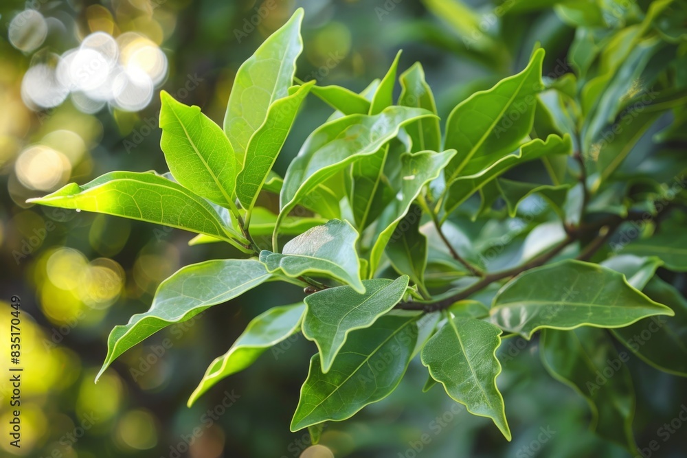 Close-up photograph of a branch with vibrant green leaves in a natural outdoor setting. Nature concept for design and print. Сamphor Ayurveda. ayurvedic herbs. Generative AI Close-up photograph of a branch with vibrant green leaves in a natural outdoor setting. Nature concept for design and print. Сamphor Ayurveda. ayurvedic herbs. Generative AI
