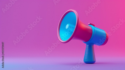 Colorful megaphone on a vibrant pink and blue gradient background. Symbol of communication and announcement. 3D Illustration.