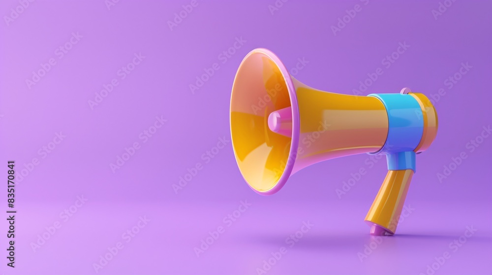 Colorful megaphone on a vibrant purple background, symbolizing communication, announcement, and promotion in a modern, playful style. 3D Illustration. Colorful megaphone on a vibrant purple background, symbolizing communication, announcement, and promotion in a modern, playful style. 3D Illustration.