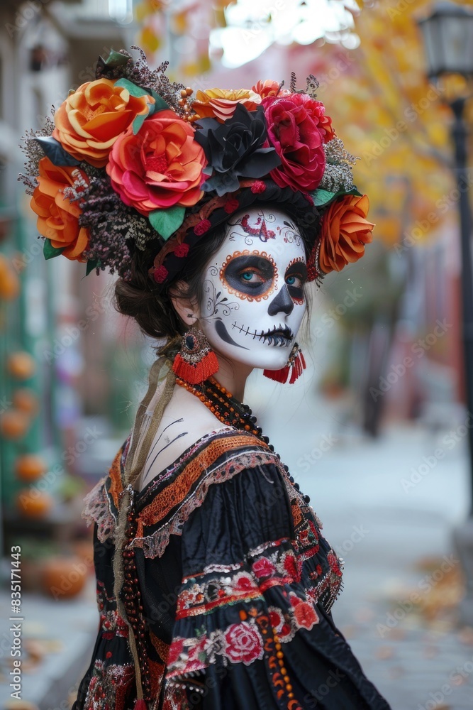 Dia de los Muertos Celebration with Traditional Face Paint and Floral Headdress Dia de los Muertos Celebration with Traditional Face Paint and Floral Headdress