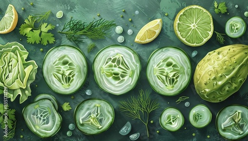 Illustrate a flat lay of a cold cucumber and dill salad