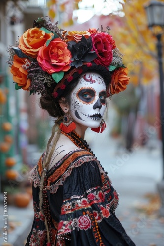 Dia de los Muertos Celebration with Traditional Face Paint and Floral Headdress