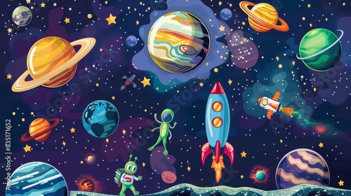 Cartoon spaceship  cosmonaut  and green alien character in space on a background of outer space. Modern cartoon of alien planets  astronauts  and funny extraterrestrials.