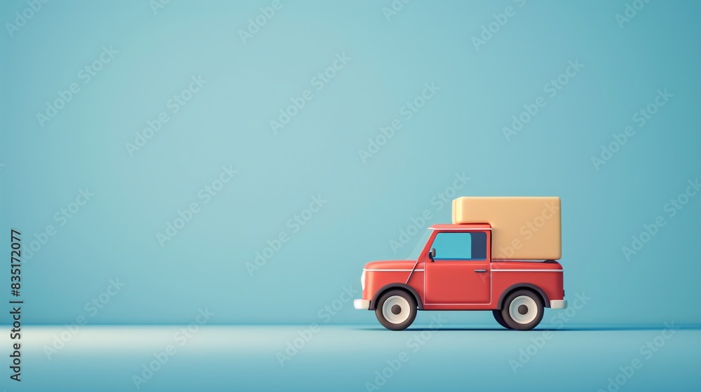 Colorful small toy truck with a big box on a blue background. Minimalistic design and playful concept. 3D Illustration. Colorful small toy truck with a big box on a blue background. Minimalistic design and playful concept. 3D Illustration.