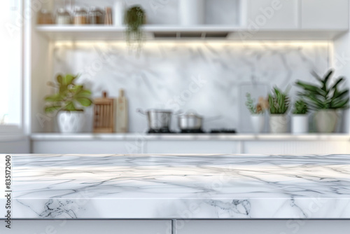 A marble countertop in the foreground with a kitchen background. Crated with AI © Stock
