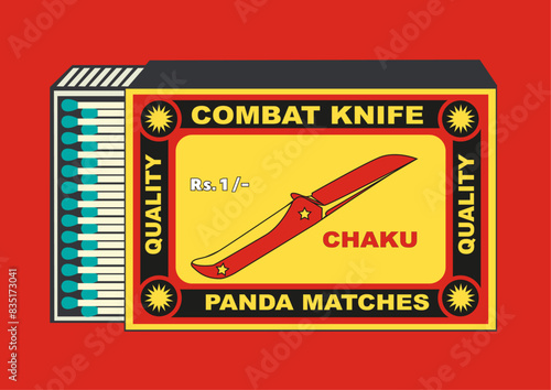combat knife(chaku) vector icon illustration in Matchbox and matches illustration. Vintage and antique matchbox packaging design illustration retro style packaging. old style design. open box template