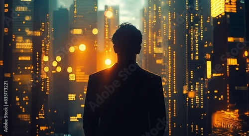 businessman in a silhouette double exposure. in the background is stock chart