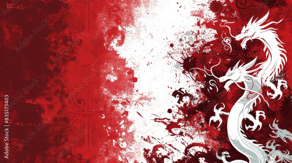 Rich red and white abstract background with dragon motifs, knight silhouettes, and cross symbols Rich red and white abstract background with dragon motifs, knight silhouettes, and cross symbols