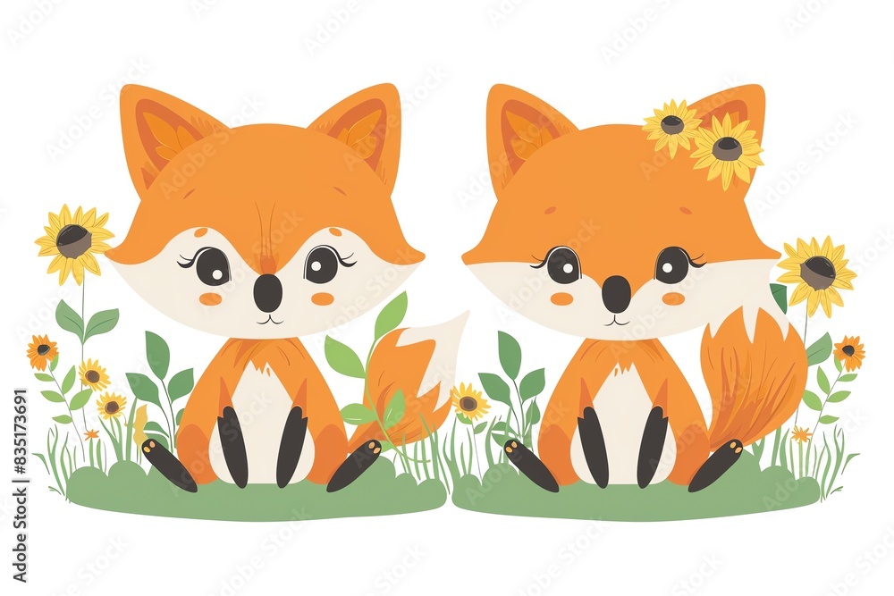 Fototapeta premium Cute illustration of two cartoon foxes sitting among flowers, perfect for children's decor and playful designs.