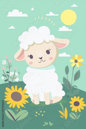 Cute illustration of a cheerful lamb sitting among flowers under a sunny sky with clouds. Perfect for children's designs.