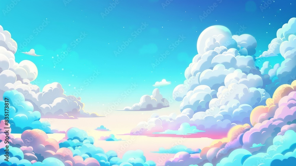 In the sky, fluffy cumulus clouds. Cartoon border with white cloud gradient, fluffy cumulus in heaven. Background for a game banner with a sunny day with warm weather in summer or spring. In the sky, fluffy cumulus clouds. Cartoon border with white cloud gradient, fluffy cumulus in heaven. Background for a game banner with a sunny day with warm weather in summer or spring.