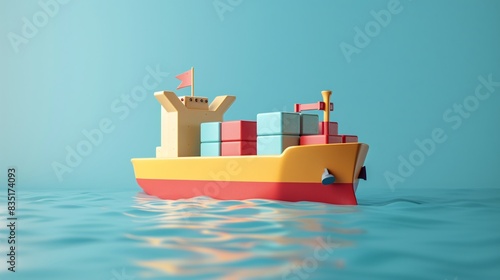 Colorful illustration of a cargo container ship sailing on calm blue water with a clear sky background, symbolizing global shipping and trade. 3D Illustration.