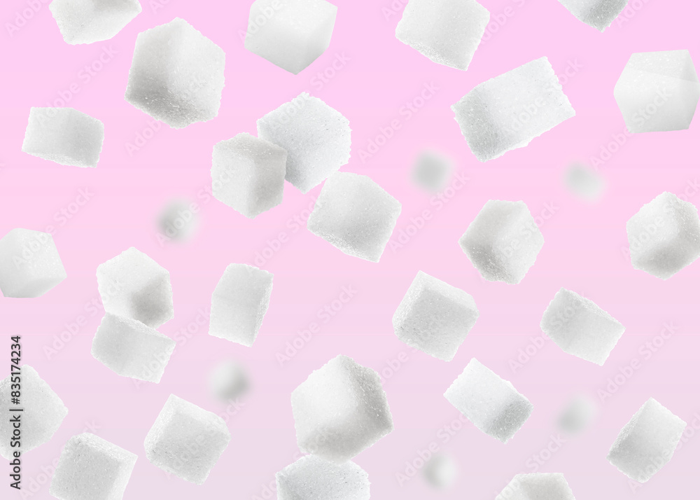 Refined sugar cubes in air on pink background Refined sugar cubes in air on pink background