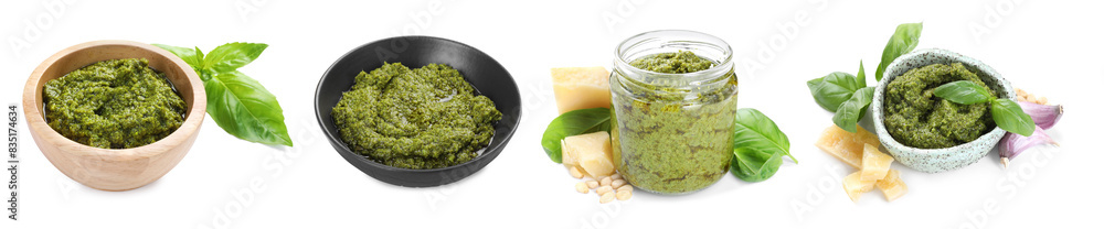 Fresh pesto sauce isolated on white, set Fresh pesto sauce isolated on white, set
