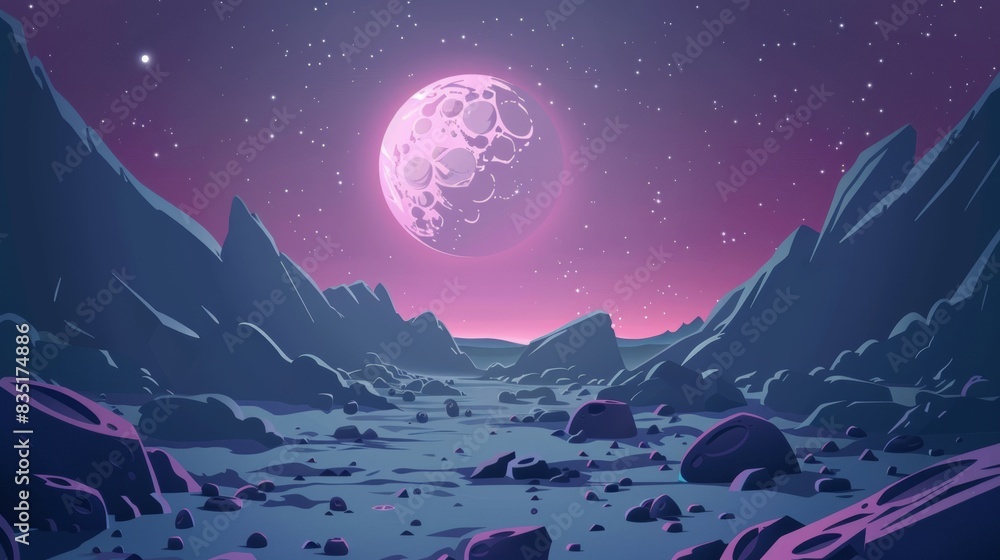 The cosmological night panorama sky in space, stars, asteroid boulders futuristic banner, an alien planet landscape, space game background. The cosmological night panorama sky in space, stars, asteroid boulders futuristic banner, an alien planet landscape, space game background.