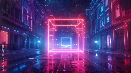 Glowing linear volumetric cube in the middle of a city street under the starry night sky