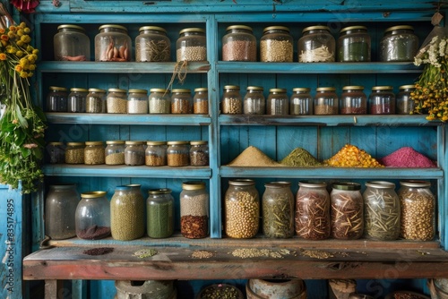 Wallpaper Mural Various jars of spices and grains on blue wooden shelves in a rustic shop. Generative AI Torontodigital.ca