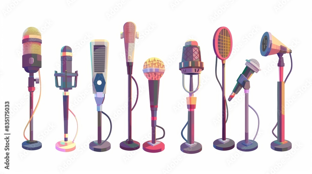 MIC on stand. Modern illustration of microphones for studio interviews, concert stage performances, and broadcasting music audio equipment. Modern illustration of microphones on a stand. MIC on stand. Modern illustration of microphones for studio interviews, concert stage performances, and broadcasting music audio equipment. Modern illustration of microphones on a stand.