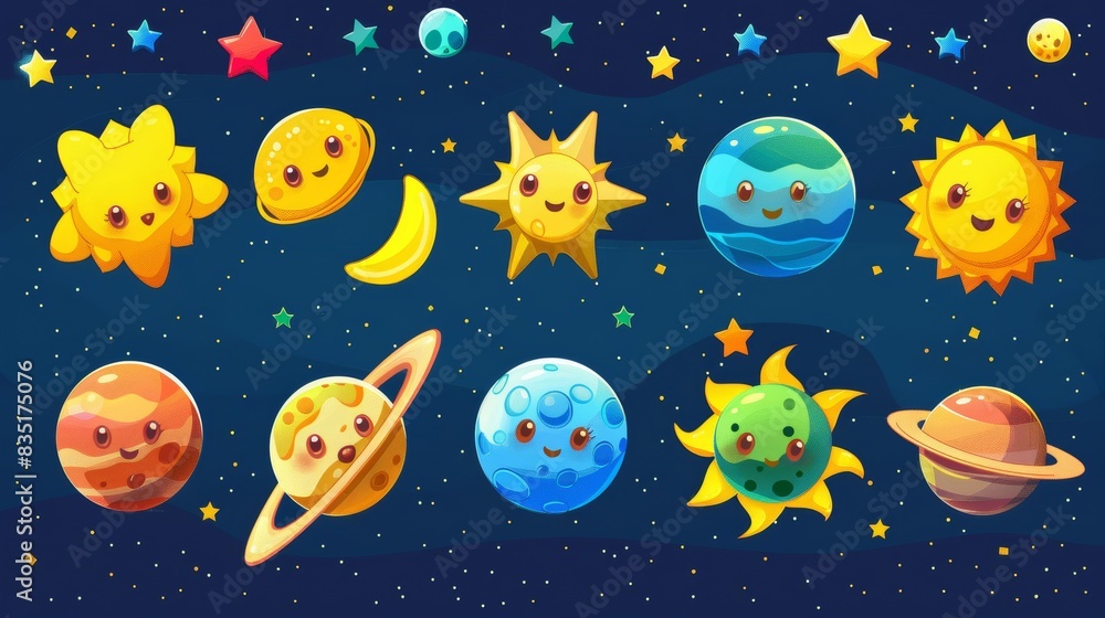 Planets and stars in the sun system cartoon. Space and solar galaxy background. Earth, Jupiter, Moon, Saturn with Mars, Pluto and Mercury on planetary map. Planets and stars in the sun system cartoon. Space and solar galaxy background. Earth, Jupiter, Moon, Saturn with Mars, Pluto and Mercury on planetary map.
