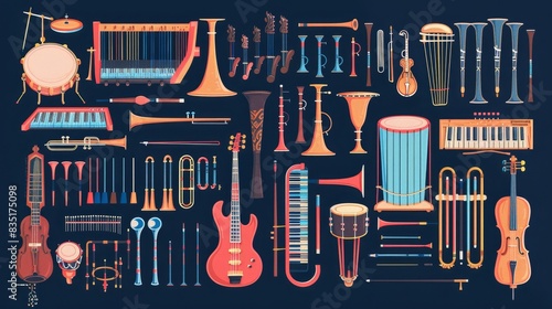 A classic set of classical musical instruments showing brass and wooden wind instruments and drums. Hand-drawn flat cartoon modern illustration.