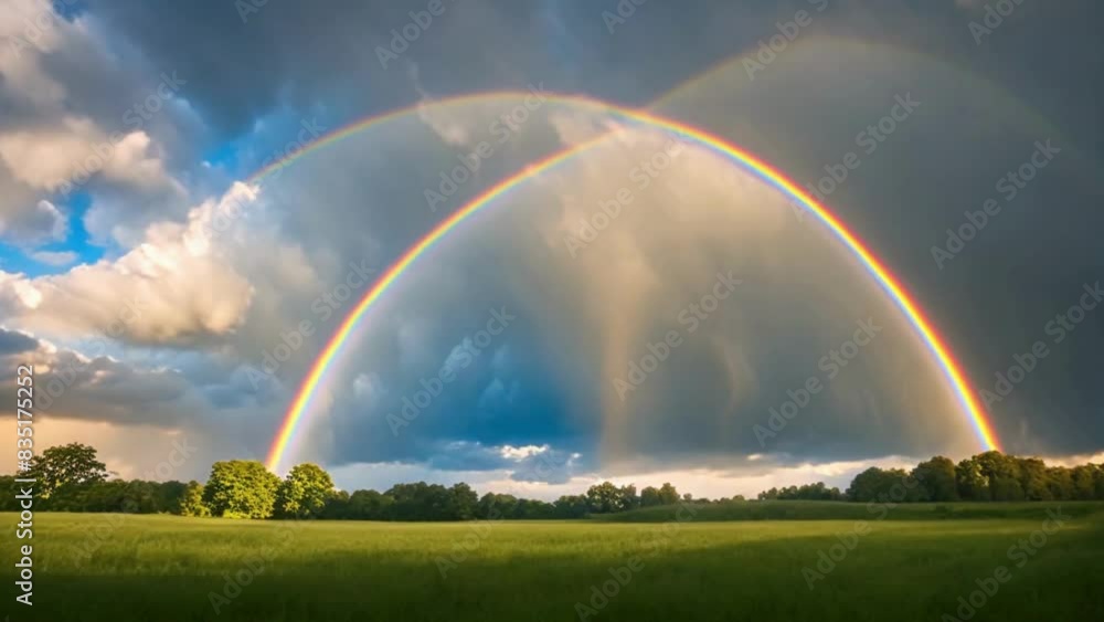 Time-lapse of an intense double rainbow on a dark blue sky, vibrant colors arching high. Light rays break through clouds, illuminating raindrops Time-lapse of an intense double rainbow on a dark blue sky, vibrant colors arching high. Light rays break through clouds, illuminating raindrops