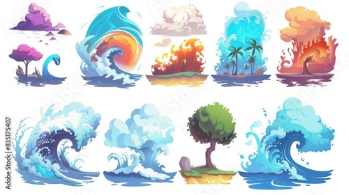 Catastrophic weather conditions. Set of cartoon moderns showing natural disasters. Downpour, tsunami, flood, ice age, low temperature, drought, strong wind with tornado, heat, and heat wave. photo