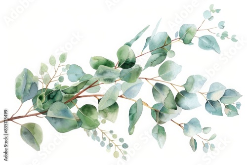 Eucalyptus branch with leaves and buds watercolor illustration. Artistic botanical painting on a white background. Generative AI