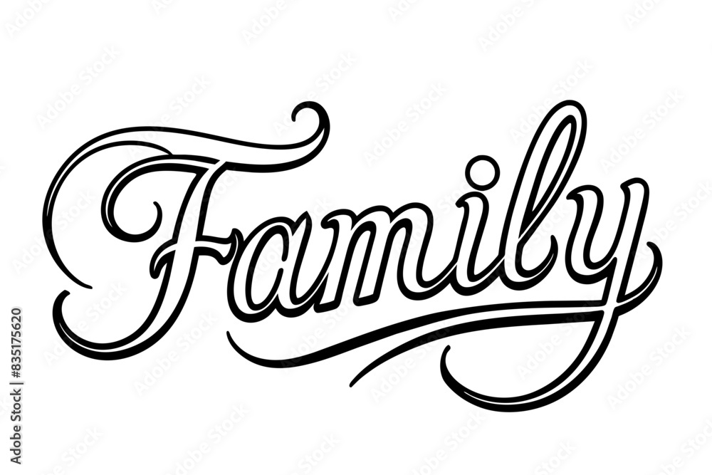 Elegant Family text in black and white with delicate swirls and flourishes, ideal for family-themed projects, greeting cards, home decor, and digital designs. Classic and sophisticated calligraphic Elegant Family text in black and white with delicate swirls and flourishes, ideal for family-themed projects, greeting cards, home decor, and digital designs. Classic and sophisticated calligraphic