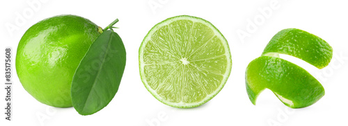 Fresh limes with peel isolated on white, set photo