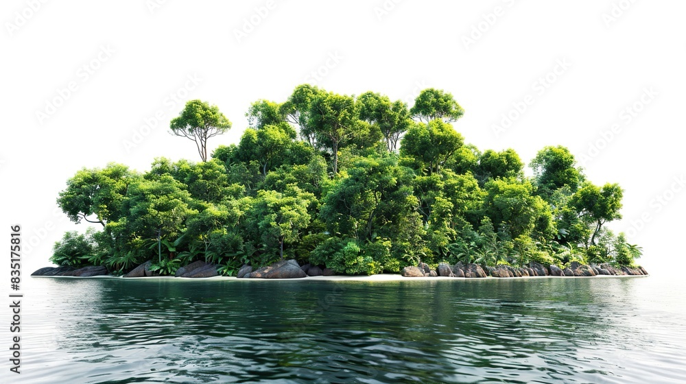 Lush island covered with shady green trees isolated on white background Lush island covered with shady green trees isolated on white background