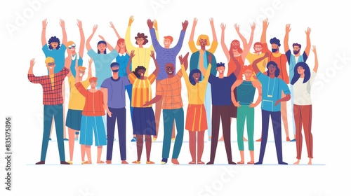 People standing together in a crowd, clapping and welcoming each other. Young men and women yelling at the event. Modern illustration.