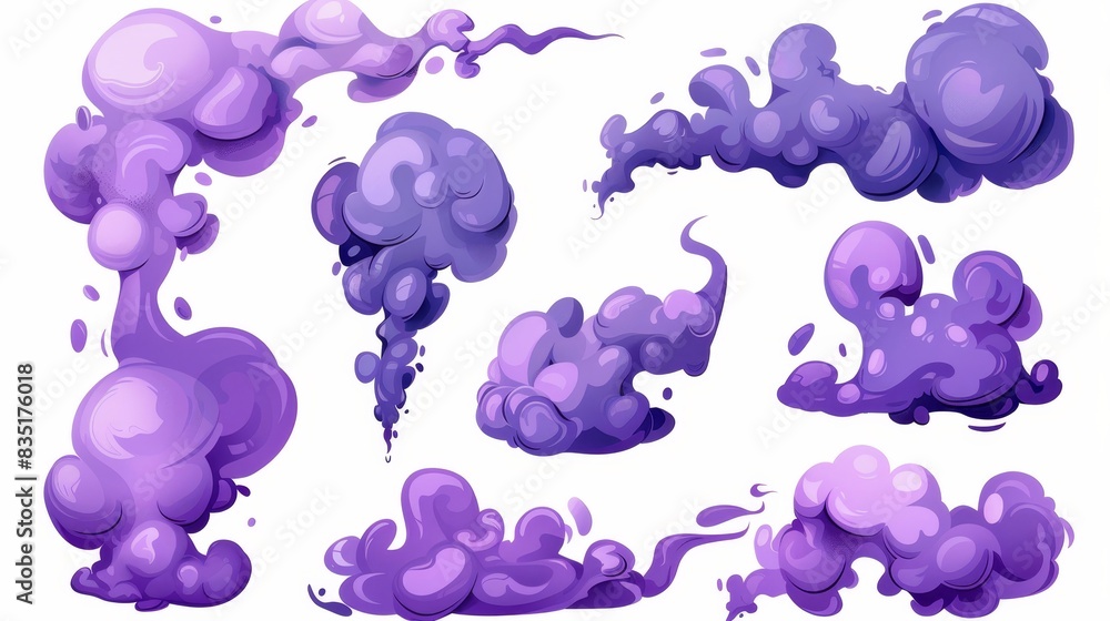 Isolated white background with cartoon smoke modern set. Cartoon mist, fog, steam illustration. Isolated white background with cartoon smoke modern set. Cartoon mist, fog, steam illustration.