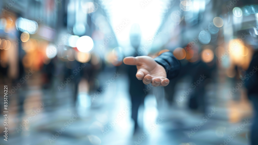 A hand reaches out in a bustling urban environment amidst vibrant blurred lights A hand reaches out in a bustling urban environment amidst vibrant blurred lights
